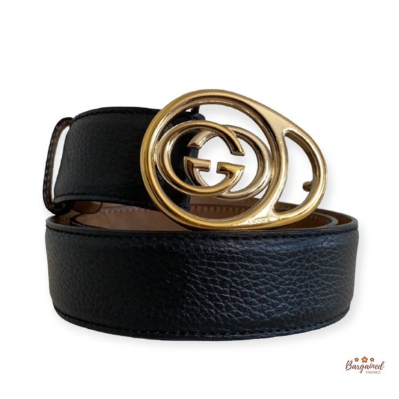 Authentic Gucci Black Pebbled Leather Gold Interlocking G Buckle Belt 80/32 - Picture 1 of 13